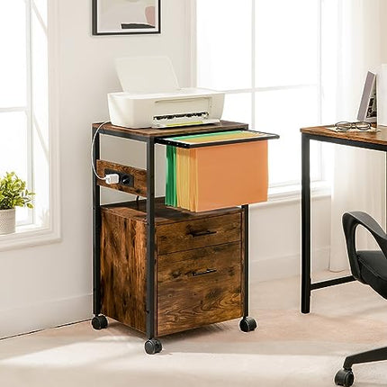 Derins Aktenschrank, Rollcontainer mit 2 Schubladen, Büroschrank mit Ladestation, und offenen Trennwänden, für Dokumente in A4-, Letter, für Büro, Arbeitszimmer, Marrone Vintage e Nero EBF80CWJ01