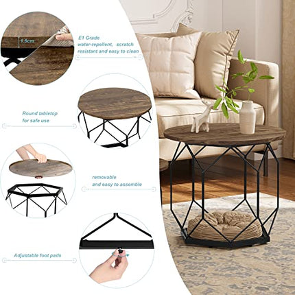 Derins Couchtisch 2er Set, Beistelltisch mit runder Tischplatte, Sofatisch mit hohlem Metallrahmen, Wohnzimmertisch mit Stauraum, aus Holzwerkstoff Metall, Holzoptik Vintage + Schwarz, BTS05hov