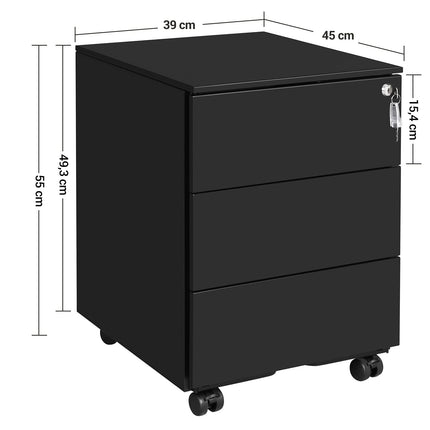 SONGMICS mobiler Aktenschrank, abschließbar, mit 3 Schubladen, Aufbewahrung von Akten, Bürobedarf, vormontiert, Büro, Homeoffice, 39 x 45 x 55 cm (L x B x H), mattschwarz OFC63BK