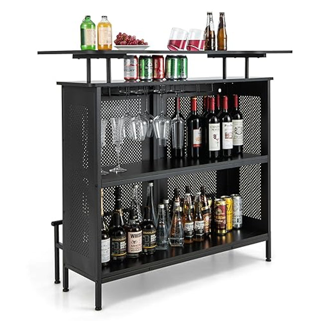 Derins Bartisch Küche, Küchentheke mit Stauraum und Fußstütze, Theke Bar mit Metallrahmen, verstellbare Füße, 120 x 50 x 106,5 cm, schwarz
