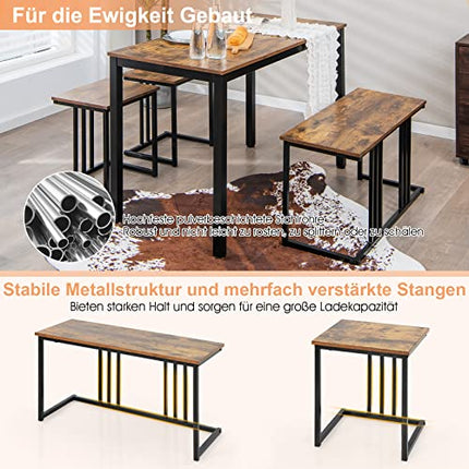 Derins 4 TLG. Essgruppe Set für 4 Personen, Küchentisch mit Bank und 2 Hockern, Esszimmertisch Set mit Metallrahmen, industriell