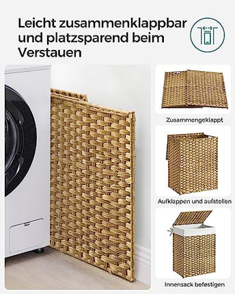 Derins Wäschekorb 90 Liter, handgeflochten, Wäschesammler aus synthetischem Rattan, mit Deckel und Griffen, faltbar, Wäschesack herausnehmbar, naturfarben LCB51NL