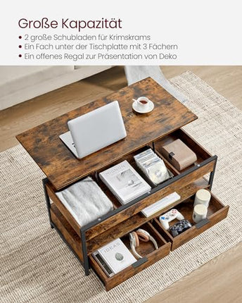 Derins Couchtisch, höhenverstellbarer Wohnzimmertisch, Kaffeetisch, mit Schubladen, offenes Fach, vintagebraun-tintenschwarz LCT209K01