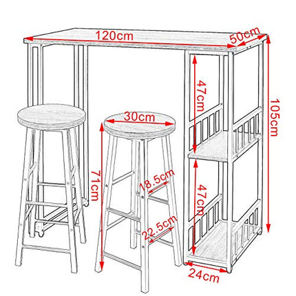 Derins BT25hei+BH130sz-2 1x Bartisch + 2X Barhocker Stehtisch Bistrotisch Bartheke Tresentisch, mit 2 Ablagefläche, Metallgestell, MDF, 120x50x105cm(BxTxH)