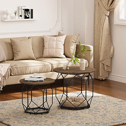 Derins Couchtisch 2er Set, Beistelltisch mit runder Tischplatte, Sofatisch mit hohlem Metallrahmen, Wohnzimmertisch mit Stauraum, aus Holzwerkstoff Metall, Holzoptik Vintage + Schwarz, BTS05hov