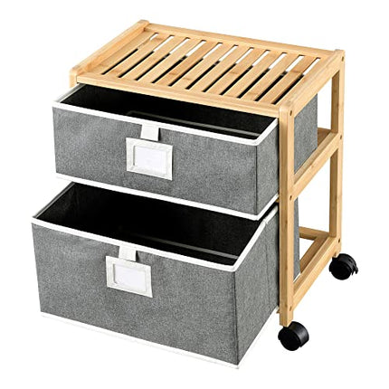 Derins Bambus Beistelltisch Noorliit mit 2 Schubladen Nachttisch mit Stauraum Regal mit Körben rollbar Natur/Grau