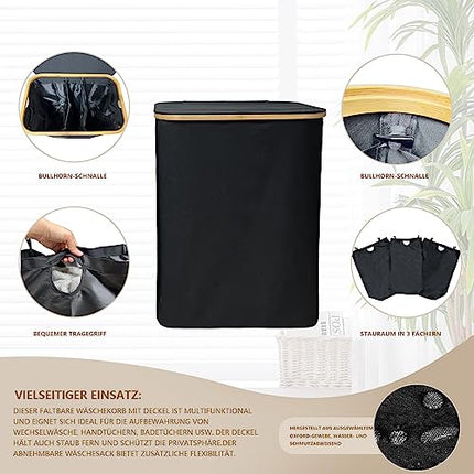 Derins Große Faltbarer Wäschekorb mit Deckel 3 facher Abnehmbarer Wäschesack,Waschekorbsammler，Wäschebox Wäschetonne，Faltbarer Bambus-Wäschesortierer，laundry baskets，körbe aufbewahrung (160L Schwarz)