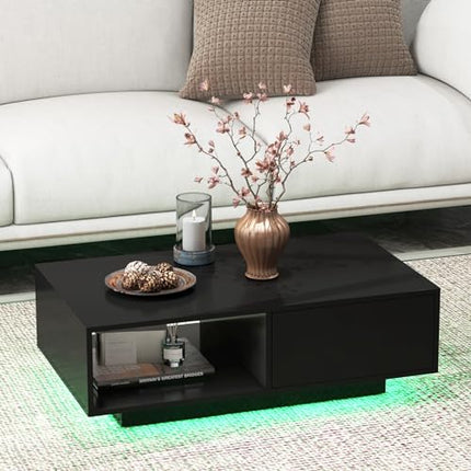 DerinsCouchtisch mit Led & Fernbedienung, 20 Lichtfarben & Helligkeit einstellbar, Beistelltisch mit Schublade & offenem Stauraum, Kaffeetisch, Sofatisch für Wohnzimmer, 95 x 55 x 31cm (Schwarz)