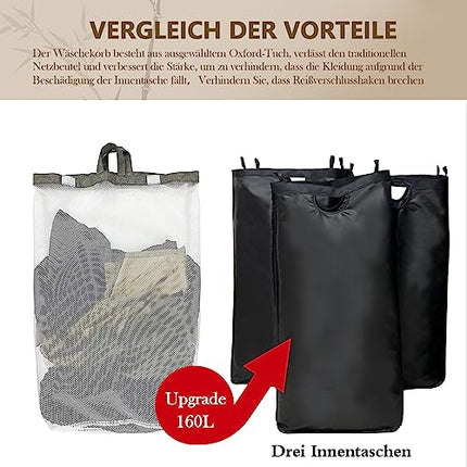 Derins Große Faltbarer Wäschekorb mit Deckel 3 facher Abnehmbarer Wäschesack,Waschekorbsammler，Wäschebox Wäschetonne，Faltbarer Bambus-Wäschesortierer，laundry baskets，körbe aufbewahrung (160L Schwarz)