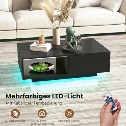 DerinsCouchtisch mit Led & Fernbedienung, 20 Lichtfarben & Helligkeit einstellbar, Beistelltisch mit Schublade & offenem Stauraum, Kaffeetisch, Sofatisch für Wohnzimmer, 95 x 55 x 31cm (Schwarz)