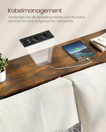 Derins Konsolentisch mit Steckdosen, Beistelltisch mit 2 Fächern, schmal, 25 x 120 x 81 cm, platzsparend, für Eingangsbereich, Wohnzimmer, vintagebraun-tintenschwarz LNT111K01