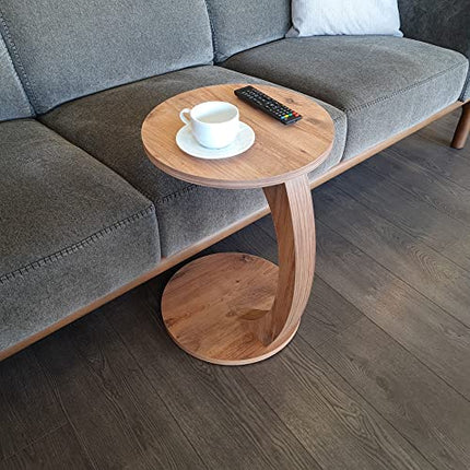 Derins Couchtisch mit Rollen, Kleiner Beistelltisch C Form, stylischer Sofatisch in schöner Nussbaum Holz Optik, runder Tisch als Ablagefläche für Couch und Sofa