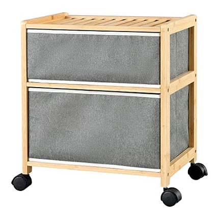 Derins Bambus Beistelltisch Noorliit mit 2 Schubladen Nachttisch mit Stauraum Regal mit Körben rollbar Natur/Grau