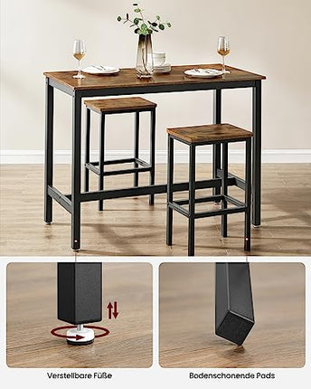 Derins Bartisch-Set, Stehtisch mit 2 Barhockern, 120 x 60 x 90 cm, Küchentresen mit Barstühlen, Küchentisch und Küchenstühle im Industrie-Design, für Küche, vintagebraun-schwarz LBT15X