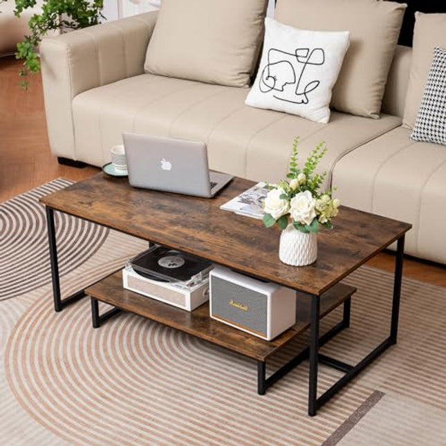 Derins Couchtisch Kaffeetisch, 120x60x47CM Couchtisch, Design mit viel Stauraum, industrieller Stil.