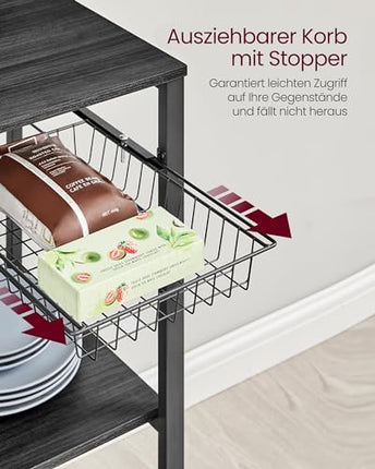 Derins Küchenregal, Standregal, Regal, Arbeitsplatte Küche, Kücheninsel mit Magnetleiste für Messer, Drahtkorb, Küchenrollenhalter, 12 Haken, ebenholzfarben-schwarz KKS026B42