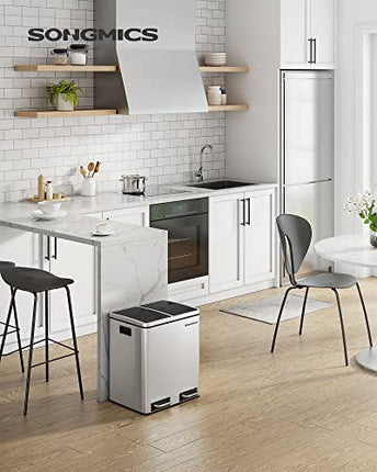 Derins  Mülleimer mit 2 Behältern, 2 x 15 l, Doppelmülleimer, 2 Fächer, mit Inneneimer und Griffen, für Küche, langsamer Verschluss, luftdicht, silberfarben und schwarz LTB30H