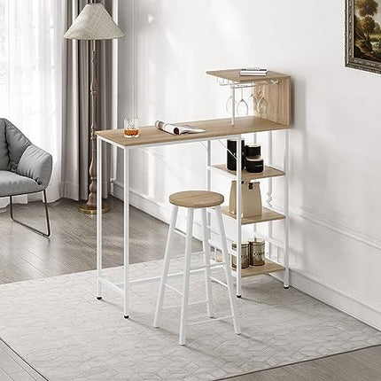 Derins Bartisch, Stehtisch mit Weinregal Glashalter, Küchentisch mit 4 Ablagen, Bistrotisch, Esstisch, Kücheninsel mit Arbeitsplatte, Hochtisch für Bar Theke, Helle Eiche-Weiß, BT37hei
