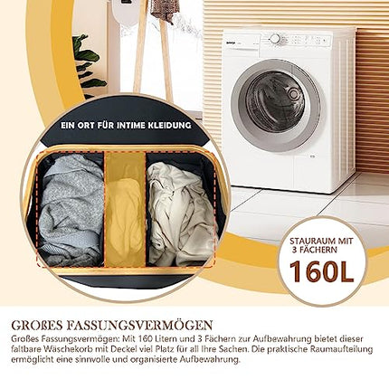 Derins Große Faltbarer Wäschekorb mit Deckel 3 facher Abnehmbarer Wäschesack,Waschekorbsammler，Wäschebox Wäschetonne，Faltbarer Bambus-Wäschesortierer，laundry baskets，körbe aufbewahrung (160L Schwarz)