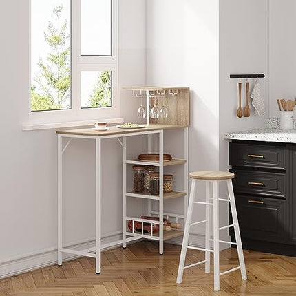 Derins Bartisch, Stehtisch mit Weinregal Glashalter, Küchentisch mit 4 Ablagen, Bistrotisch, Esstisch, Kücheninsel mit Arbeitsplatte, Hochtisch für Bar Theke, Helle Eiche-Weiß, BT37hei