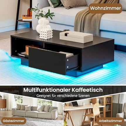 DerinsCouchtisch mit Led & Fernbedienung, 20 Lichtfarben & Helligkeit einstellbar, Beistelltisch mit Schublade & offenem Stauraum, Kaffeetisch, Sofatisch für Wohnzimmer, 95 x 55 x 31cm (Schwarz)
