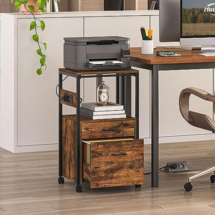 Derins Aktenschrank, Rollcontainer mit 2 Schubladen, Büroschrank mit Ladestation, und offenen Trennwänden, für Dokumente in A4-, Letter, für Büro, Arbeitszimmer, Marrone Vintage e Nero EBF80CWJ01