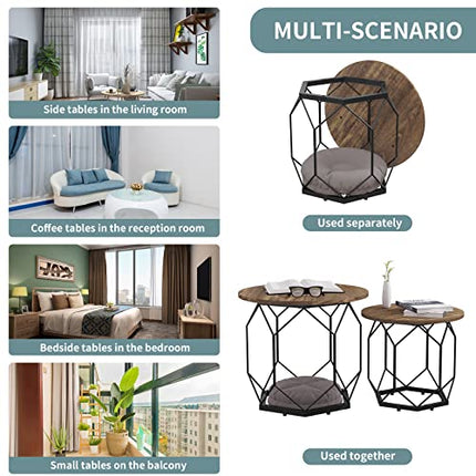 Derins Couchtisch 2er Set, Beistelltisch mit runder Tischplatte, Sofatisch mit hohlem Metallrahmen, Wohnzimmertisch mit Stauraum, aus Holzwerkstoff Metall, Holzoptik Vintage + Schwarz, BTS05hov