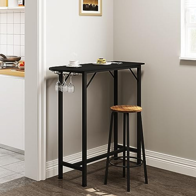 Derins Stehtisch Bartisch Bistrotisch mit Glashalter, Konsolentisch Küchentisch Esstisch, aus Metallgestell Holzwerkstoff, Schwarz, B110 x H108 x T40 cm 0030BAZ