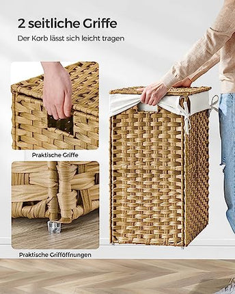 Derins Wäschekorb 90 Liter, handgeflochten, Wäschesammler aus synthetischem Rattan, mit Deckel und Griffen, faltbar, Wäschesack herausnehmbar, naturfarben LCB51NL