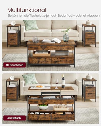 Derins Couchtisch, höhenverstellbarer Wohnzimmertisch, Kaffeetisch, mit Schubladen, offenes Fach, vintagebraun-tintenschwarz LCT209K01