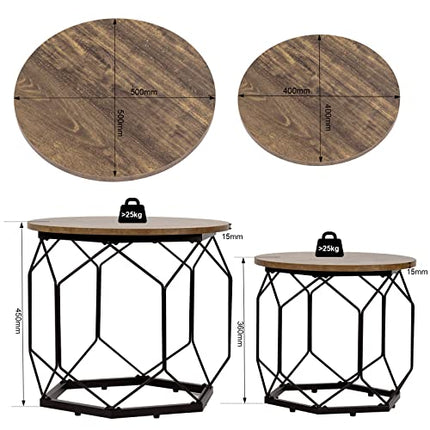 Derins Couchtisch 2er Set, Beistelltisch mit runder Tischplatte, Sofatisch mit hohlem Metallrahmen, Wohnzimmertisch mit Stauraum, aus Holzwerkstoff Metall, Holzoptik Vintage + Schwarz, BTS05hov