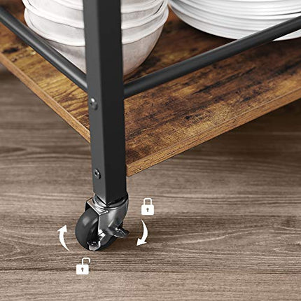 Derins Servierwagen im industriellen Stil, Küchenwagen, mit herausnehmbarem Tablett, mit verstellbaren Füßen und Rollen, Küchenregal, Gestell aus Stahl, 65 x 40 x 86 cm, Braun/Rustikal, Schwarz