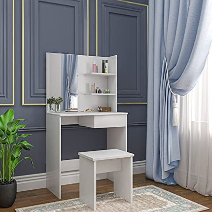 Derins Schminktisch mit Hocker und Spiegel, Schreibtisch + Regalsystem + Hocker, Hochglanz Kosmetiktisch, 75x40x138cm, Frisierkommode Schminkspiegel MB6045ws, Weiß