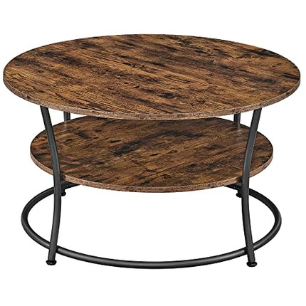 Derins Runder Couchtisch mit Ablage, Teetisch, einfache Montage, Metall, Industriedesign, rustikales Braun