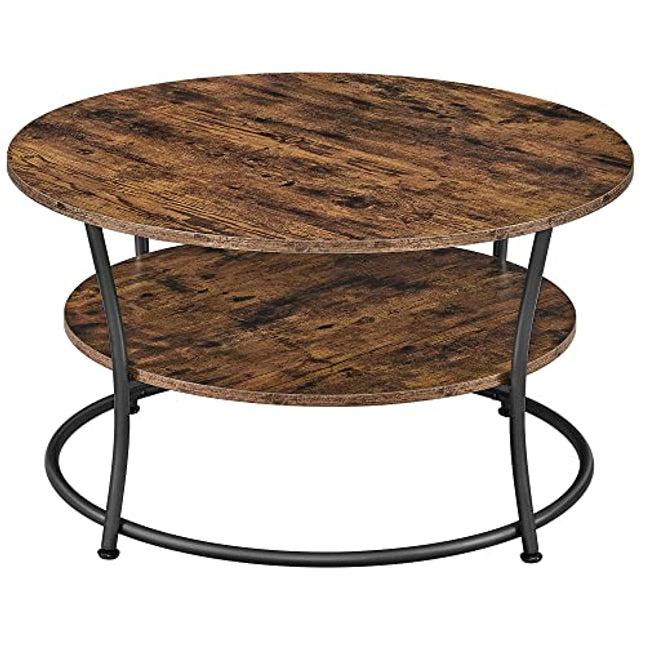 Derins Runder Couchtisch mit Ablage, Teetisch, einfache Montage, Metall, Industriedesign, rustikales Braun