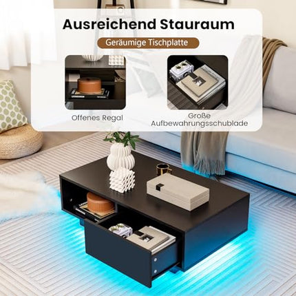 DerinsCouchtisch mit Led & Fernbedienung, 20 Lichtfarben & Helligkeit einstellbar, Beistelltisch mit Schublade & offenem Stauraum, Kaffeetisch, Sofatisch für Wohnzimmer, 95 x 55 x 31cm (Schwarz)