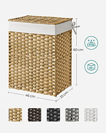 Derins Wäschekorb 90 Liter, handgeflochten, Wäschesammler aus synthetischem Rattan, mit Deckel und Griffen, faltbar, Wäschesack herausnehmbar, naturfarben LCB51NL