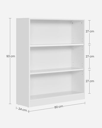 VASAGLE Bücherregal, freistehend, mit 3 Fächern, höhenverstellbare Einlegeböden, für Wohnzimmer, Kinderzimmer, Büro, 80 x 24 x 93 cm, weiß LBC106T14