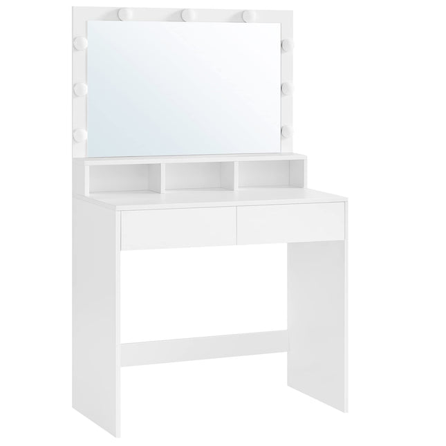 Derins Schminktisch, mit LED-Beleuchtung, einstellbare Helligkeit, Frisiertisch mit Spiegel, Kosmetiktisch mit 2 Schubladen und 3 offenen Fächern, Frisierkommode, modern, weiß RDT120T10