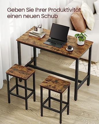 Derins Bartisch-Set, Stehtisch mit 2 Barhockern, 120 x 60 x 90 cm, Küchentresen mit Barstühlen, Küchentisch und Küchenstühle im Industrie-Design, für Küche, vintagebraun-schwarz LBT15X