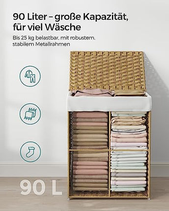 Derins Wäschekorb 90 Liter, handgeflochten, Wäschesammler aus synthetischem Rattan, mit Deckel und Griffen, faltbar, Wäschesack herausnehmbar, naturfarben LCB51NL