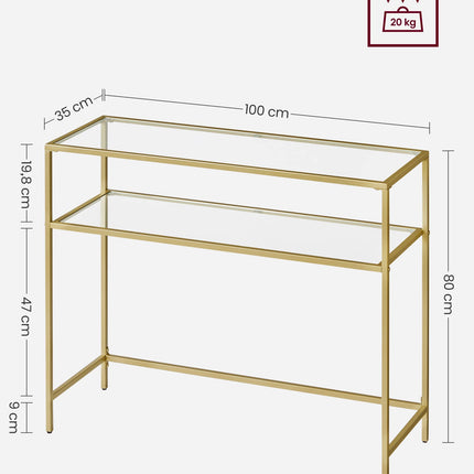 Derins Konsolentisch, Beistelltisch, Oberfläche aus Hartglas, moderner Sofatisch, einfacher Aufbau, verstellbare Füße, Wohnzimmer, Flur, goldfarben-transparent LGT025A01
