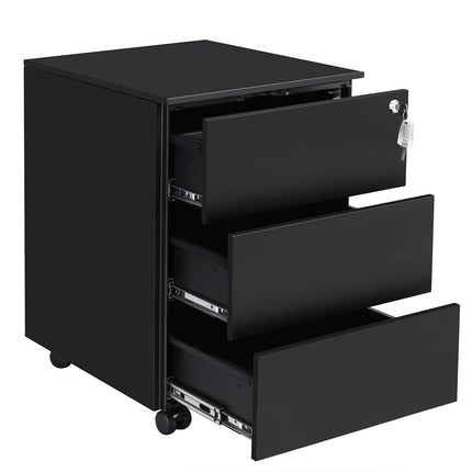 SONGMICS mobiler Aktenschrank, abschließbar, mit 3 Schubladen, Aufbewahrung von Akten, Bürobedarf, vormontiert, Büro, Homeoffice, 39 x 45 x 55 cm (L x B x H), mattschwarz OFC63BK