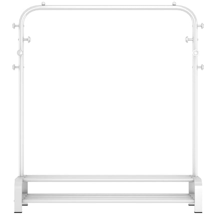 Derins Kleiderständer, Garderobenständer Stabil Kleiderstange mit 6 Haken und 2 Schuhregal Ablage Regal, Schlafzimmer Kleiderständer Freistehender Kleiderbügel, Weiß