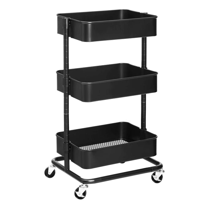 SONGMICS 3-Tier Storage Trolley, Rolling Cart, Kitchen Storage Trolley with Height Adjustable Shelves, Utility Cart with 2 Brakes, Easy Assembly, for Bathroom, Kitchen, Office, Black BSC60B