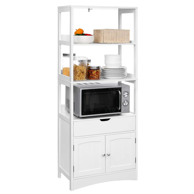 VASAGLE hoge kast, badkamermeubel, vrijstaande badkamerkast, boekenkast, 3 open vakken, 1 lade en 2 kastdeuren, 60 x 32,5 x 154 cm, hal, keuken, bureau, wit BBC67WT