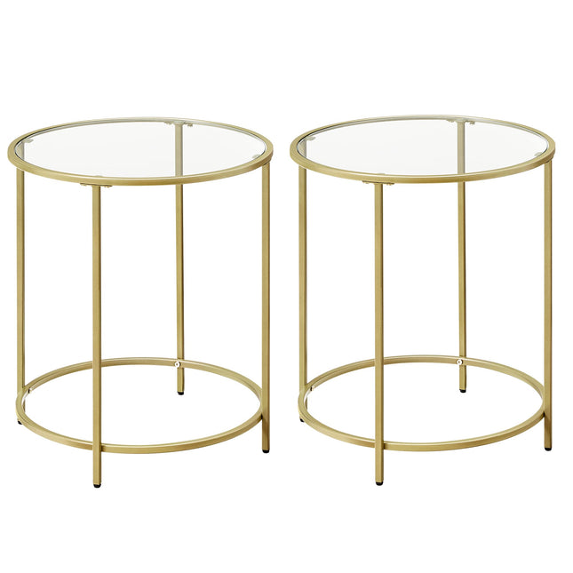 VASAGLE Side Table Round Set of 2 Small Coffee Table Glass Table with Metal Frame Bedside Table Sofa Table Balcony Tempered Glass Gold Color LCT631B01