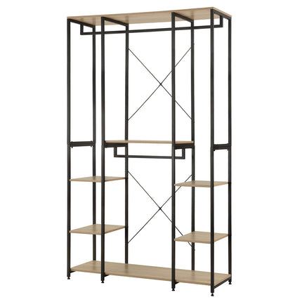 Derins Kleiderschrank offen Kleiderständer Garderobenständer für Schlafzimmer, Einfache Montage, Metal Kleiderstange mit Ablagen Hell Eiche+Schwarz SR0129hei