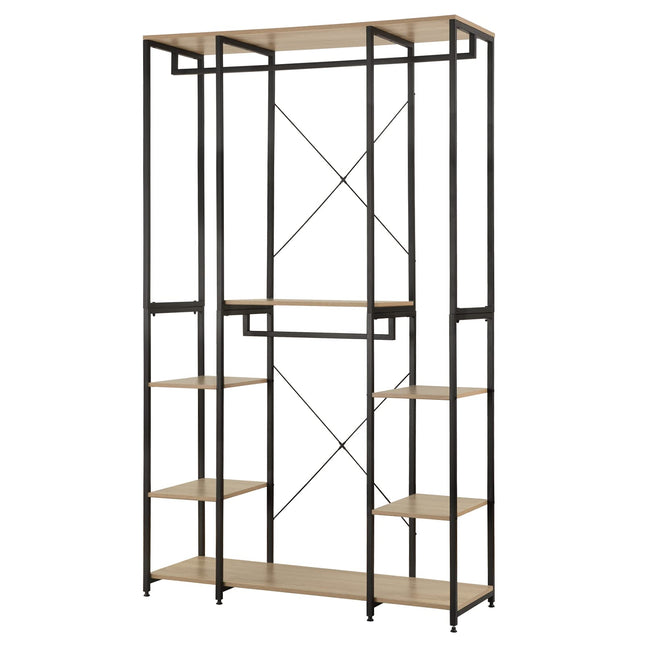 Derins Kleiderschrank offen Kleiderständer Garderobenständer für Schlafzimmer, Einfache Montage, Metal Kleiderstange mit Ablagen Hell Eiche+Schwarz SR0129hei