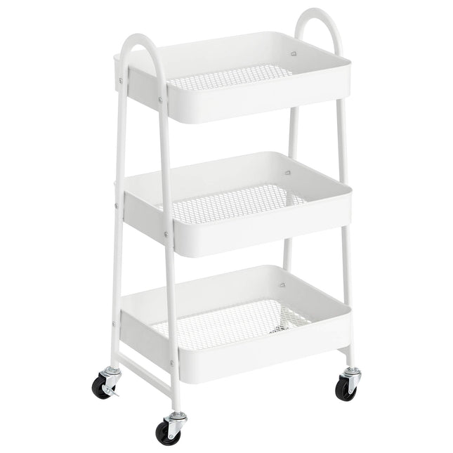 SONGMICS Trolley with 3 levels, metal serving trolley, kitchen trolley, kitchen shelf with handles, 2 brakes, easy to assemble, for painting utensils, bedroom, washroom, white BSC068W01